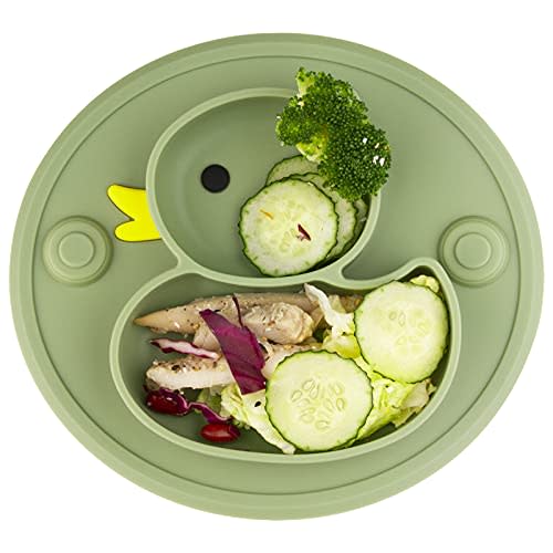 Linowos Baby Divided Silicone Plate Placemat - Portable Non Slip Child Feeding Suction Plate for Children Babies and Kids - BPA Free - Microwave & Dishwasher Safe (Duck-Endive)