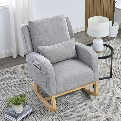 Rocking Chair Nursery with Pillow, Nursery Rocking Chairs in Teddy Fabric with Wingback & Armrest, Built-in 2 Side Pockets, Comfy Nursery Glider Nursing Chair Armchair for Living Room, Bedroom, Grey