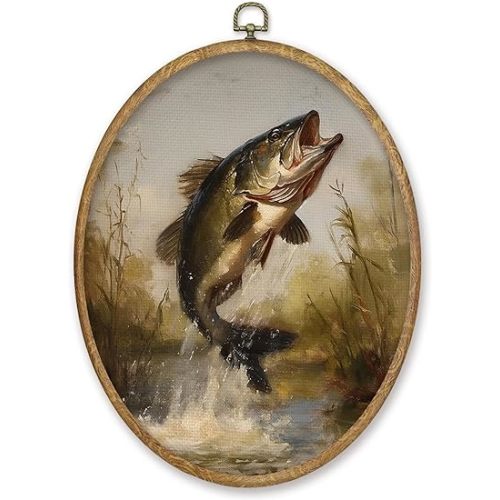 CGBHW Retro Fish Oval Wall Art Decor, Coastal Beach Canvas Prints Framed, Moody Fish Wall Art Hanging Decor for Kitchen Dining Room Beach Home Decorations, 8.6x11.4 Inch