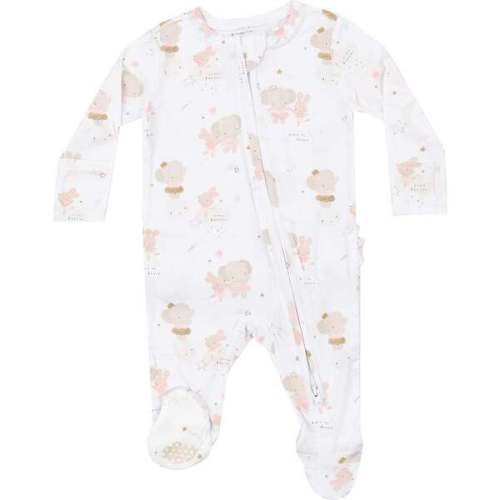 Elephant + Bunny Ballerinas 2-Way Zipper Ruffle Back Footie, White