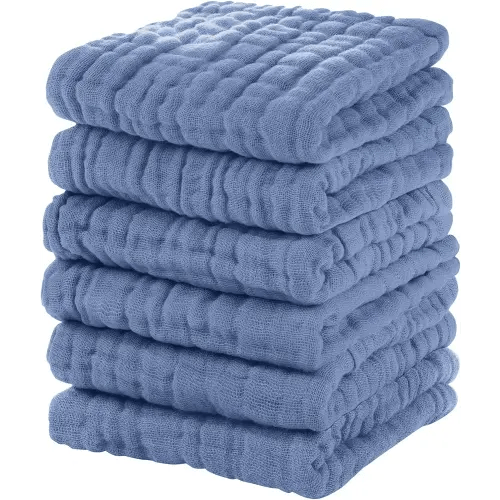 Muslin Baby Washcloths 6 Pack, 100% Cotton Wash Cloths for Babies, Large 12''X12'' Burp Cloths Absorbent and Soft for Newborn Infants Kids Boys Girls - Sapphire Blue