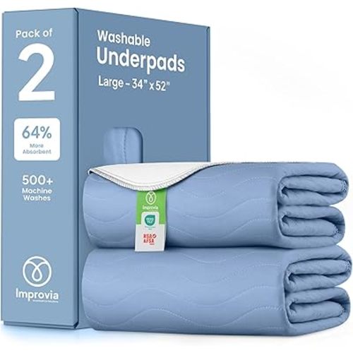 IMPROVIA® Washable Underpads, Heavy Absorbency Reusable Incontinence Pads for Kids, Adults, Elderly, and Pets, Waterproof Protection Floor (Blue and White, 34" x 52" - Pack of 2)