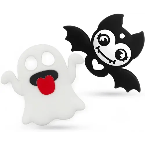 Teething Toys for Babies, PAPACHOO 2 Pack Halloween Soft Silicone Baby Soothing Teether Chew Toys (Ghosts & Bats)