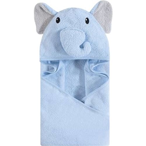 Hudson Baby Unisex Baby Cotton Animal Face Hooded Towel, Light Blue Elephant, One Size
