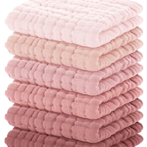 Yoofoss Muslin Baby Washcloths 100% Organic Cotton Face Towels 6 Pack Wash Cloths for Baby 12x12in Soft and Absorbent Baby Wipes (Gradient Pink)