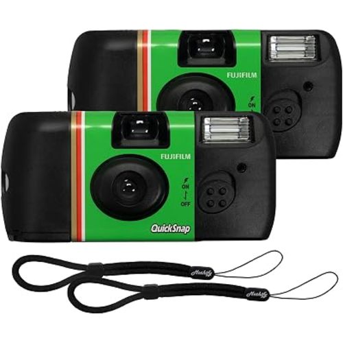 Fujifilm QuickSnap Flash 400 Disposable Camera – 2 Pack 35mm Film Cameras + Moshify Adjustable Wrist Strap – Fuji Disposable Camera Set for Weddings, Parties, Travel, Events
