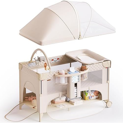 4 in 1 Baby Bassinet,Pack and Play,Bedside Crib Sleeper,Baby Bassinets Bedside Sleeper with Diaper Changer, Mosquito Net,Bottom Storage and Toy Bar for Newborn to Toddles (Beige)