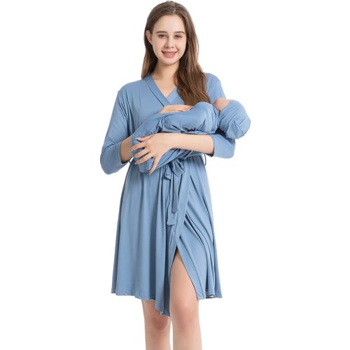 Galabloomer Maternity Robe and Baby Receiving Blanket, Matching Mommy Labor Delivery Robe and Swaddle Set Denim blue