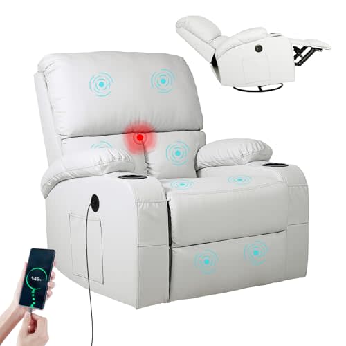 LEVELEVE Rocking Recliner Chair, Massage Rocker Recliner Chair with Vibration Massage and Heat, USB and Type-C Ports,360° Swivel Faux Leather Chairs, Living Room, Bedroom, Nursery, RV, Light Grey