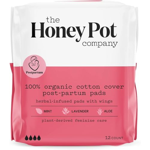 The Honey Pot Company - Herbal Postpartum Pads with Wings - Full Coverage - Herbal Infused w/Essential Oils for Cooling Effect, Organic Cotton Cover, & Ultra-Absorbent - Postpartum Essentials - 12ct