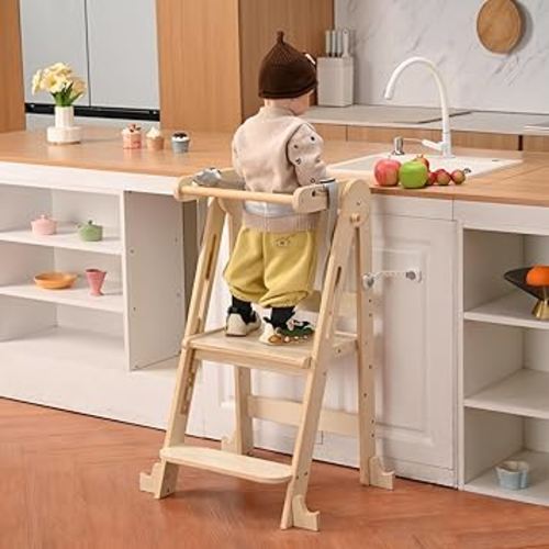 Kids Kitchen Step Stool, Foldable Toddler Tower, Height Adjustable Toddler Standing Tower with Safty Rail and Anti-Slip Device, Wooden Stool for 1.5-6 Years(Nature-Wood)