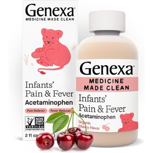 Genexa Infants' Clean Acetaminophen | Pain Reliever & Fever Reducer | Dye Free, 0% Artificial Additives | Baby Sick Essentials & Infant Medicine | Delicious Organic Cherry Flavor, 2 fl oz