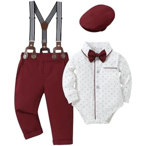 CARETOO Baby Boy Clothes Suits Infant Gentleman Outfit Formal Dress Shirt Suspender Pants Bowtie Beret Hat Wedding Set 0-18 M