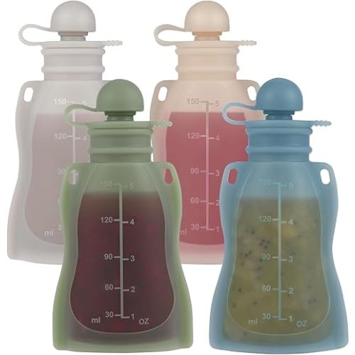 Eascrozn Silicone Baby Food Pouches Reusable, 4 Pack Refillable Squeeze Pouches with Straw for Toddlers Kids, BPA Free, 5OZ Baby Food Containers,Dishwasher and Microwave Safe
