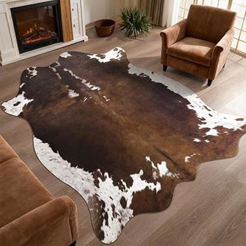 DweIke Faux Cowhide Print Rug for Living Room, 4.6 x 5.2 ft Dark Brown Western Animal Cow Hide Rugs, Non Slip Cool Cow Skin Carpet for Bedroom Dining Room Farmhouse Entrance Home Decor