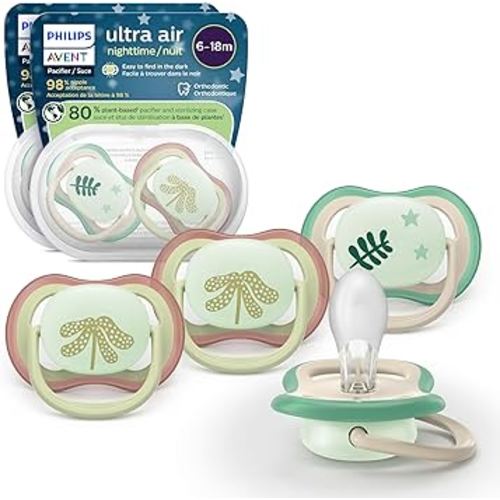Philips Avent Ultra Air Nighttime Pacifiers - Orthodontic Design, for Babies 6-18 Months, Glow in the Dark, Soft Silicone Symmetrical Nipple, BPA-free, with 2 Sterilizing Cases, 4 Pack, SCF376/37