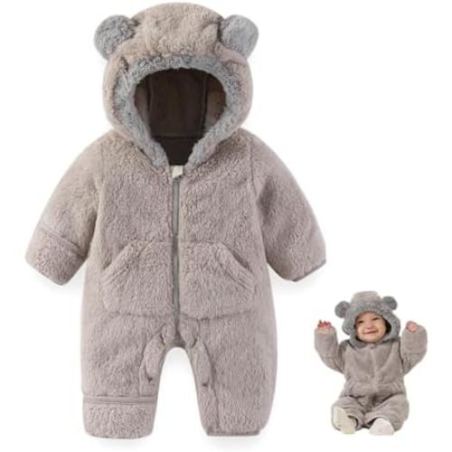 Newborn Baby Bear Outfit Suit With Fold-Over Mittens Footies Girls Boys Winter Fleece Clothes Hooded Romper Snowsuit