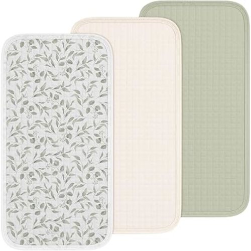 3 Pcs Waterproof Changing Pad Liners Reusable Baby Diaper Pad Liners for Girl Boy 27.5 x 14.2 Quilted Floral Cotton Changing Table Cover(Green Leaves)