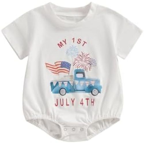 Rtnnsbbfcm Newborn Baby Boy Girl My 1st 4th Of July Outfit Short Sleeve American Flag Car Firework Print Bubble Romper