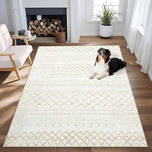 Area Rug 4x6 Geometric Rugs: Washable Boho Moroccan Rug Modern Neutral Stain Resistant Rugs Soft Farmhouse Indoor Floor Carpet for Living Room Bedroom Dining Table Nursery(Beige,4X6)