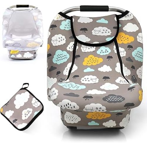 ACRABROS Car Seat Covers for Babies,All Season Infant Carseat Cover Canopy for Boys and Girls,Stretchy Adjustable Peeping Window with Mesh Cover,Warm Breathable Universal Fit,Clouds Sheep