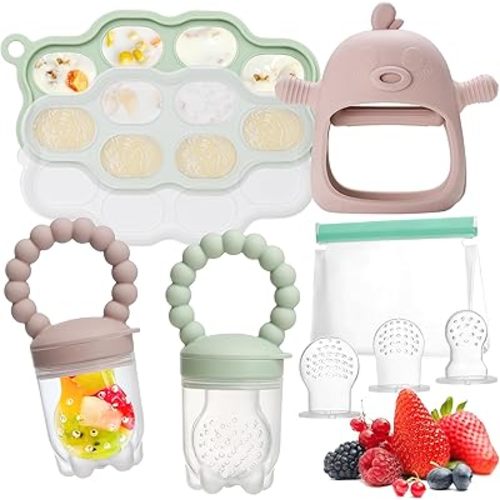Baby Feeding & Teething Kit, Breastmilk Popsicle Molds, Food Freezer Tray, Baby Fruit Food Feeders, Baby Teething Mitten, 3 Extra Food Pacifiers & Storage Bag for Infant Newborn, BPA Free