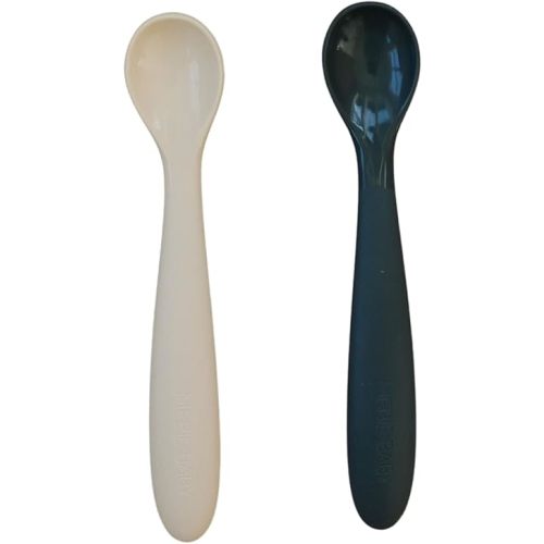 Cream and Charcoal Silicone Spoon Set by Mebie Baby, 2 Pack, Silicone Baby and Toddler Spoons for Snacks and Meal Time, Great Feeding Spoons for Babies, Neutral Color Baby Spoons