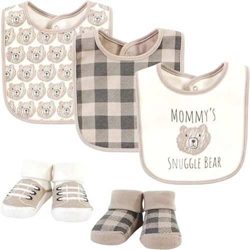 Hudson Baby Unisex Baby Cotton Bib and Sock Set, Snuggle Bear, One Size