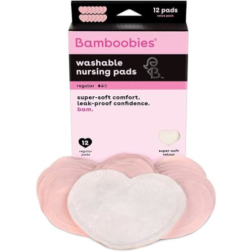 Bamboobies Women’s Nursing Pads, Reusable and Washable for Daily Use, Leak-Proof Pads for Breastfeeding, Pink, 12 Pads