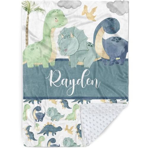 Personalized Baby Blanket for Boys, Custom Baby Blanket with Name, Soft Flannel with Double Layer Dotted Backing, Receiving Swaddle Blanket Suitable for Infants and Toddler, Blue Dinosaur(30”x40)