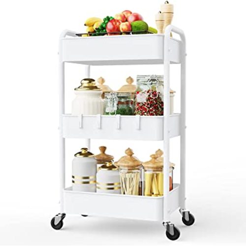 LEHOM 3 Tier Rolling Utility Cart, Metal Trolley Cart with Wheels, Hooks, Easy Assembly Organizer Storage Cart for Bathroom, Kitchen, Office, Bedroom(White)