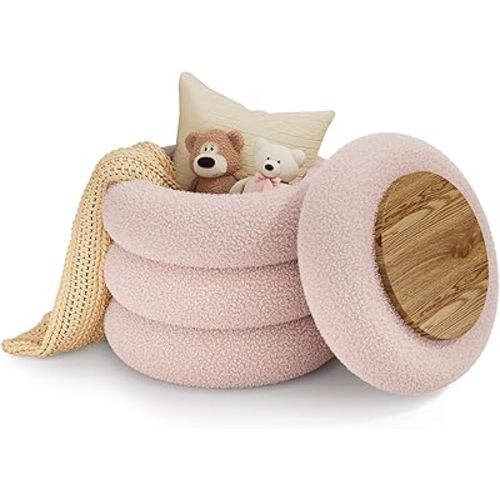 Soft Teddy Round Ottoman with Tray, 17.5 Inches Ottoman Coffee Table with Storage for Living Room, Vanity Stool with Storage Bedroom, Load up to 300 lb, No Assembly Required (Pink)