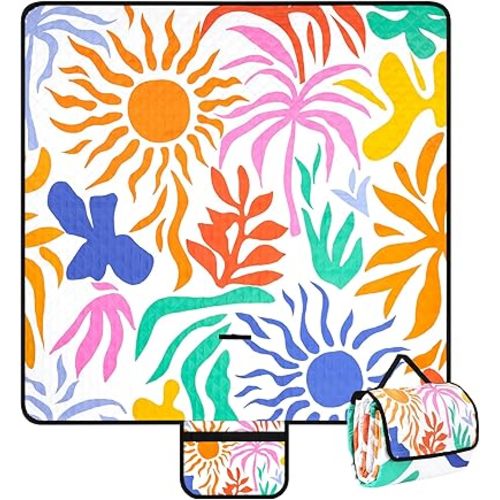 Picnic Blankets Waterproof Sandproof, 79''x79'' Extra Large Foldable & Portable Beach Blanket, 3-Layer Fabric Outdoor Mat for Family Camping, Park, Travel, Grass Lawn, Adults & Kids-Tropical Floral