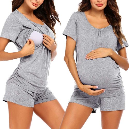Ekouaer Women's Maternity Nursing Pajamas Set Breastfeeding Sleepwear Double Layer Short Sleeve Top & Shorts Pregnancy PJS