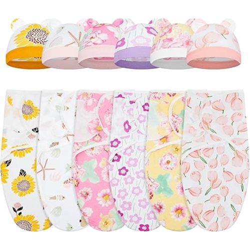 Ramede 6 Pack Swaddle Blanket with Hats for Baby Girl Boy 100% Cotton Swaddles 0-3 Months, Adjustable Breathable Skin Friendly Receiving Blanket Wrap, Essential for Newborns
