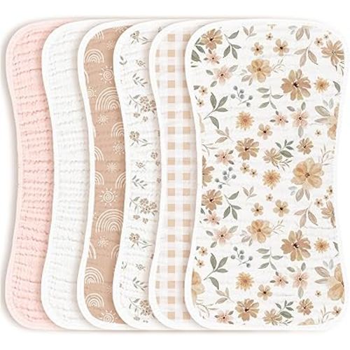Konssy Muslin Baby Burp Cloths Sets for Unisex- 6 Pack Large 100% Cotton Adorable Printed Burping Clothes for Newborn, Baby Girls and Boys