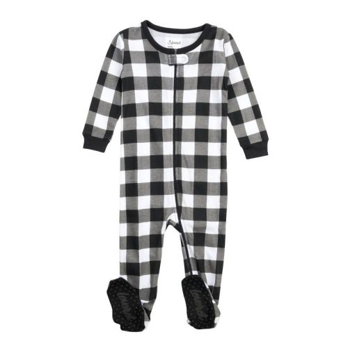 Leveret Footed Cotton Christmas Pajamas Plaid Black And White 3-6 Month