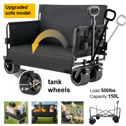 Wagon Foldable Cart Convert to Bench, Sofa Campers Collapsible Heavy Duty Cart with Wheels, All Terrain Camping, Utility Grocery Wagon for Beach, Shopping, Garden, Sports and Fishing,Black