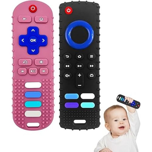YAPROMO Baby Teething Toys,Reomte Teether Toys, Silicone Chew Toy for Babies 18+ Months, Remote Control Shape Teething Toys, Early Educational Toy BPA Free & Refrigerator Safe (Black02 & Pink01)
