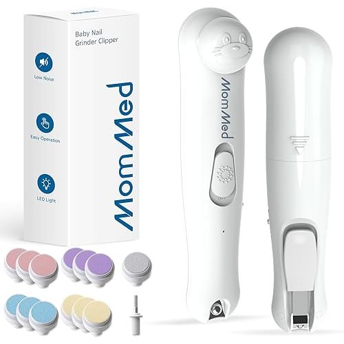MOMMED Baby Nail Trimmer Electric, Gentle Baby Nail Clippers, Rechargeable Baby Nail File Electric,10 Grinding Head Replacement Pads and LED Light