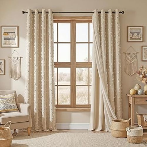 MYSKY HOME Beige Boho Curtains for Living Room 84 Inches Long Blackout Bohemian Curtains 2 Panels Beige Pom Pom Sheer Thermal Insulated Rustic Grommet Privacy Room Darkening Window Drapes 52" x 84"