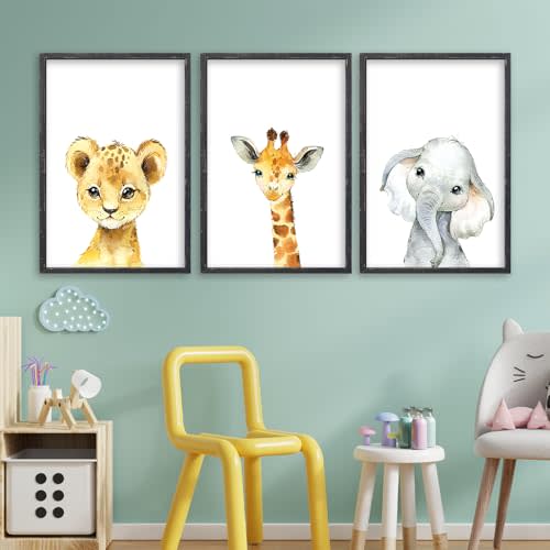Baby Safari Nursery Wall Art Decor 16x24 Inch Set of 3 Wood Framed Cute Animal Giraffe Elephant Lion Prints Sign Kids Boys Girls Room Bedroom Jungle Animal Pictures Wall Hanging (Black)