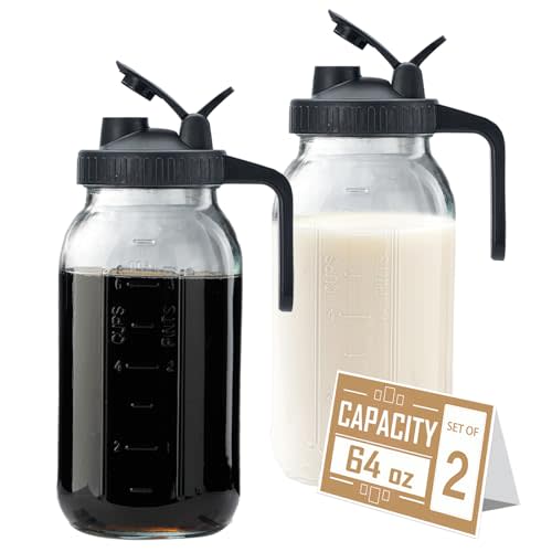 64oz Glass Pitcher with Lid - 2 Quart Mason Jar Pitcher with Spout, Leak-proof Milk Container for Refrigerator, Easy to Clean Wide Mouth Water Jug, Juice, Tea, Iced Coffee, Beverage and Drinks