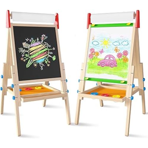 Tiny Land Easel for Kids with 2 Drawing Paper Roll, Learning-Toy for 3,4,5,6,7,8 Years Old Boy & Girls, Wooden Chalkboard & Magnetic Whiteboard & Painting Paper Stand, Gift & Art Supplies for Toddler