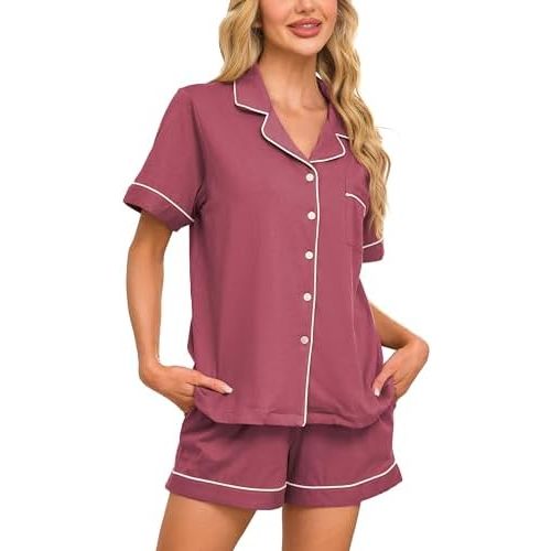 CF 100% Cotton Short Pajama Set Soft Button Down Pajamas Set Short Sleeve Sleepwear and Shorts with Pockets
