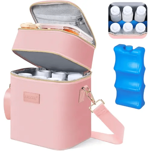 PIIOSER Breastmilk Cooler Bag with Ice Pack Fits 6 Baby Bottles Up to 9 Ounce, Insulated Baby Bottle Tote Bags, Double Layer Waterproof Leak-Proof with Shoulder Strap for Nursing & Working Mom (Pink)