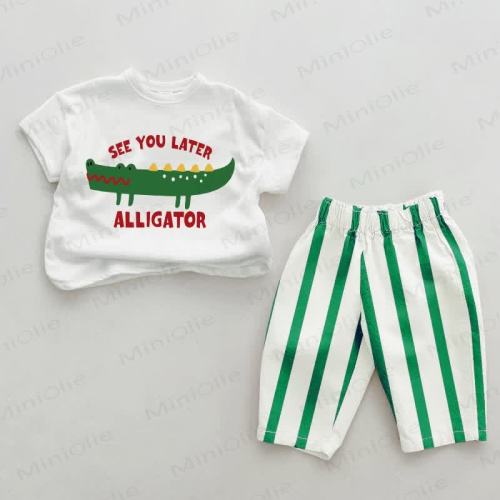 SEE YOU LATER ALLIGATOR Baby Green Vertical Striped 2-piece Set