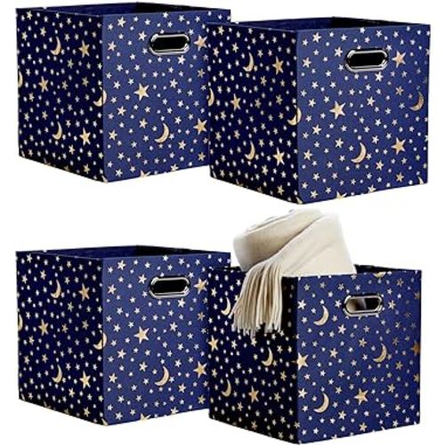 Okuna Outpost 4 Pack Star Storage Cubes, Collapsible Foldable Fabric Organizer Baskets for Clothes, Toys, Gold Moons and Stars (11 In)