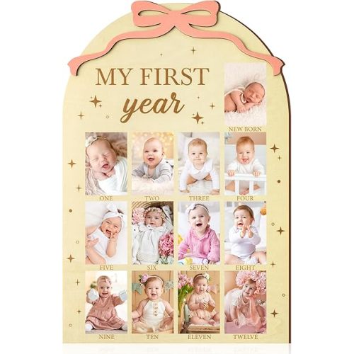 R HORSE My First Year Photo Frame Board, 3D Coquette Pink Bow Display Wood Board, Baby’s First Year 12 Months Milestone Sign 1st Birthday Frame Nursery Decor Keepsake Gift for Boy Girl