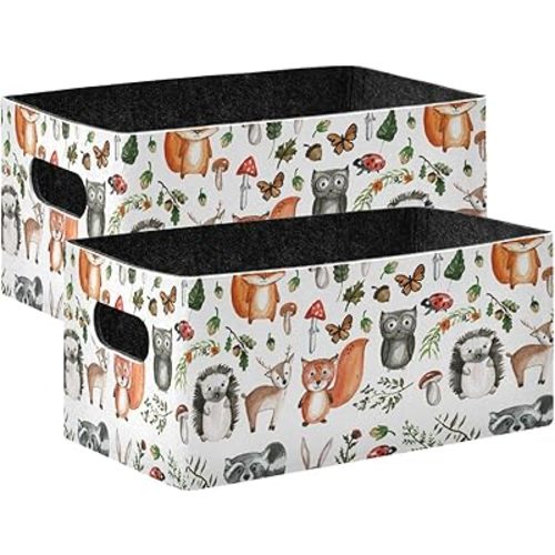 Emelivor Cute Woodland Animals Storage Basket Bins Set (2pcs) Felt Collapsible Storage Bins with Dual Handles Closet Storage Bins for Nursery Toys,Kids Room,Clothes,Towels,Magazine